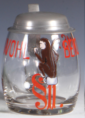 Glass stein, .5L, blown, clear, hand-painted, Wohl bekomms, monkey, pewter lid, mint. 