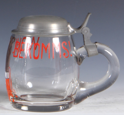 Glass stein, .5L, blown, clear, hand-painted, Wohl bekomms, monkey, pewter lid, mint.  - 2