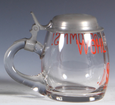 Glass stein, .5L, blown, clear, hand-painted, Wohl bekomms, monkey, pewter lid, mint.  - 3