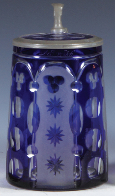 Glass stein, .5L, blown, blue on clear overlay, frosted, cut, matching glass inlaid lid, mint.