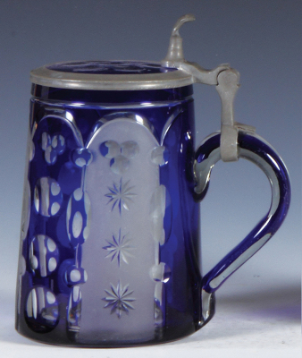 Glass stein, .5L, blown, blue on clear overlay, frosted, cut, matching glass inlaid lid, mint. - 2