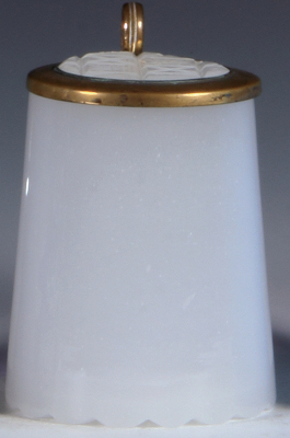 Glass stein, .5L, blown, white opaline, cut underside of base, matching glass inlaid lid, cut design, mint.