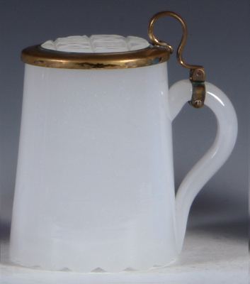 Glass stein, .5L, blown, white opaline, cut underside of base, matching glass inlaid lid, cut design, mint. - 2