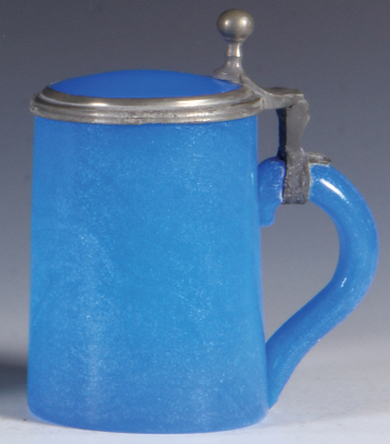 Glass stein, .5L, blown, blue opaline, matching glass inlaid lid, surface of glass is irregular, looks frosted.  - 2