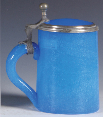 Glass stein, .5L, blown, blue opaline, matching glass inlaid lid, surface of glass is irregular, looks frosted.  - 3