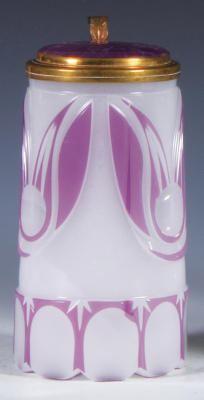 Glass stein, .5L, blown, purple on white overlay, opaline, matching glass inlaid lid, mint. 