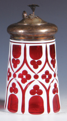 Glass stein, .5L, blown, white on ruby overlay, silver lid, mint. 