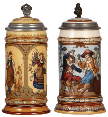 Two Mettlach steins, .5L, 1972, etched, inlaid lid, mint; with, .5L, 1932, etched, by C. Warth, inlaid lid, mint. 