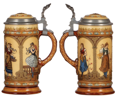 Two Mettlach steins, .5L, 1972, etched, inlaid lid, mint; with, .5L, 1932, etched, by C. Warth, inlaid lid, mint.  - 2