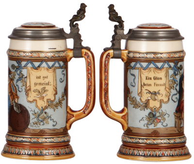 Two Mettlach steins, .5L, 1972, etched, inlaid lid, mint; with, .5L, 1932, etched, by C. Warth, inlaid lid, mint.  - 3