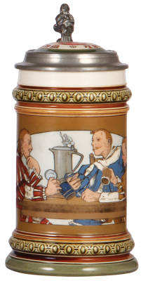 Mettlach stein, .5L, 2068, etched, inlaid lid, small factory glaze flaws on inlay, body mint.