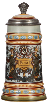 Mettlach stein, .5L, 1986, etched, inlaid lid, mint.