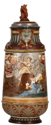 Mettlach stein, 5.2L, 17.9" ht., 2205, etched, figural inlaid lid, excellent repair on squirrel tail.