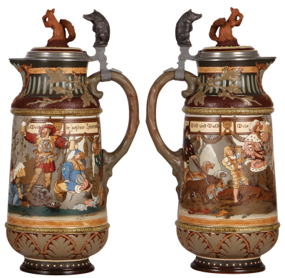 Mettlach stein, 5.2L, 17.9" ht., 2205, etched, figural inlaid lid, excellent repair on squirrel tail. - 2