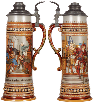 Mettlach stein, 4.5L, 19.7" ht., 1578, etched, pewter lid, two 6" hairlines on sides.  - 2