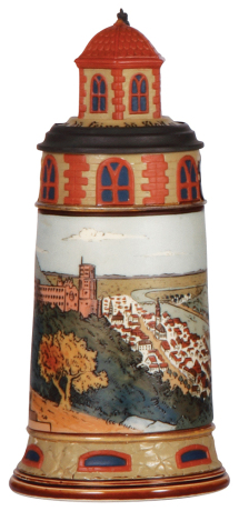 Mettlach stein, .5L, 2894, etched, Heidelberg, figural inlaid lid, mint. 