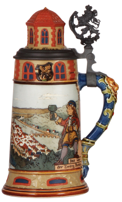 Mettlach stein, .5L, 2894, etched, Heidelberg, figural inlaid lid, mint.  - 2