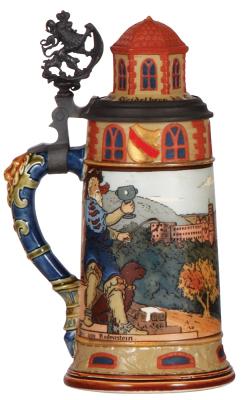 Mettlach stein, .5L, 2894, etched, Heidelberg, figural inlaid lid, mint.  - 3