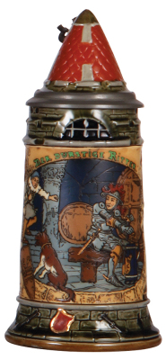 Mettlach stein .5L, 2382, etched, by H. Schlitt, inlaid lid, mint. 