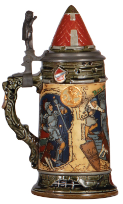 Mettlach stein .5L, 2382, etched, by H. Schlitt, inlaid lid, mint.  - 3