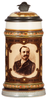 Mettlach stein, .5L, 2136, PUG & etched, Aldolphus Busch, Anheuser Busch Brewing Company, inlay cracks, small top rim chip.