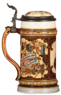 Mettlach stein, .5L, 2136, PUG & etched, Aldolphus Busch, Anheuser Busch Brewing Company, inlay cracks, small top rim chip. - 3