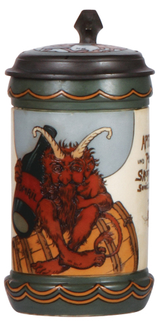 Mettlach stein, .5L, 3093, etched, by H. Schlitt, inlaid lid, good handle & chip repair. 