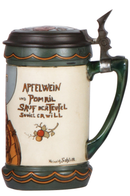 Mettlach stein, .5L, 3093, etched, by H. Schlitt, inlaid lid, good handle & chip repair.  - 2