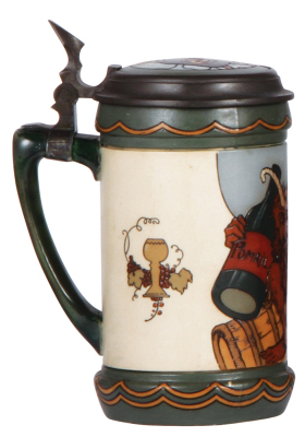 Mettlach stein, .5L, 3093, etched, by H. Schlitt, inlaid lid, good handle & chip repair.  - 3