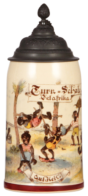 Mettlach stein, .5L, 979 [1909], PUG, Turn Schule, Ostafrika, pewter lid, mint. 