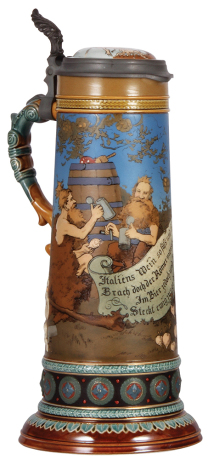 Mettlach stein, 2.5L, 15.9" ht., 2095, etched, by H. Schlitt, inlaid lid, excellent repair of small base chip.