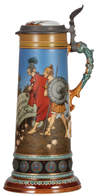 Mettlach stein, 2.5L, 15.9" ht., 2095, etched, by H. Schlitt, inlaid lid, excellent repair of small base chip. - 2