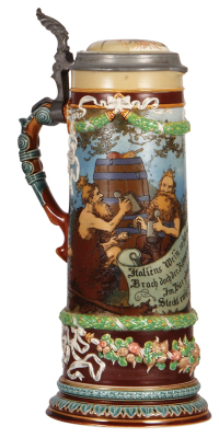 Mettlach stein, 2.5L, 15.2" ht., 2095, etched, by H. Schlitt, inlaid lid, rare version, excellent repair of hairline in handle.