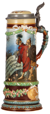 Mettlach stein, 2.5L, 15.2" ht., 2095, etched, by H. Schlitt, inlaid lid, rare version, excellent repair of hairline in handle. - 2