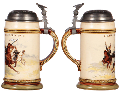 Mettlach stein, .5L, 831 [2140], PUG, Husaren Regt. Nr. 2, pewter lid, with print, 16.2" & 12.4", by the Werner Company, mint.  - 2