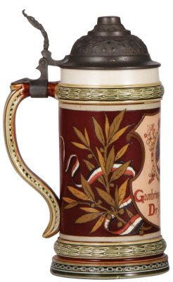 Mettlach stein, .5L, 1048 [1861], PUG & etched, Gambrinus, pewter lid, mint.  - 3