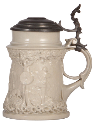 Mettlach stein, 1.8L, 10.4" ht., 812, earlyware, original pewter lid, handle variation, chip on handle, otherwise mint.