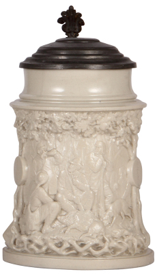 Mettlach stein, 1.8L, 10.4" ht., 812, earlyware, original pewter lid, handle variation, chip on handle, otherwise mint. - 2