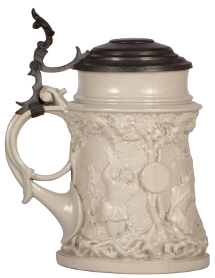 Mettlach stein, 1.8L, 10.4" ht., 812, earlyware, original pewter lid, handle variation, chip on handle, otherwise mint. - 3