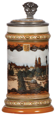 Mettlach stein, .5L, 1863, etched, Stuttgart, custom inlaid lid, mint.