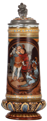 Mettlach stein, 1.4L, 13.6" ht., 2690, etched, by F. Quidenus, inlaid lid, very good inlay repair, body mint. 