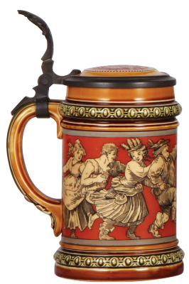 Mettlach stein, .5L, 2057, etched, inlaid lid, mint. - 3