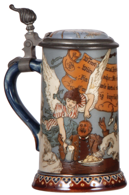 Mettlach stein, .5L, 2089, etched, by H. Schlitt, inlaid lid, interior browning, otherwise mint. 