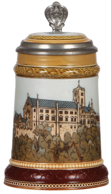 Mettlach stein, .3L, 2277, etched, Wartburg castle, inlaid lid, mint.