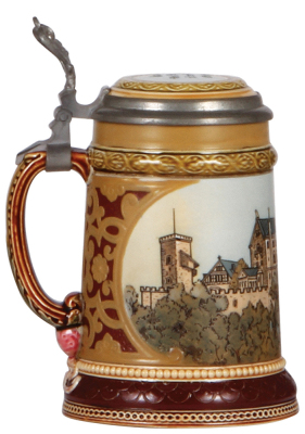 Mettlach stein, .3L, 2277, etched, Wartburg castle, inlaid lid, mint. - 3