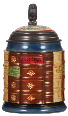 Mettlach stein, .5L, 2001C, decorated relief, Scholars Book Stein, inlaid lid, mint. 