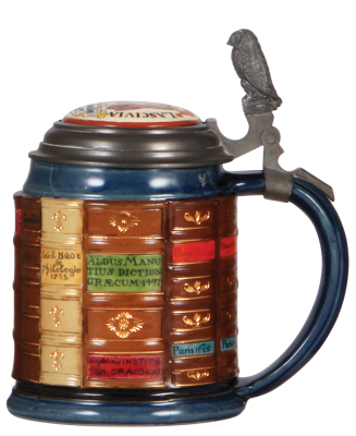 Mettlach stein, .5L, 2001C, decorated relief, Scholars Book Stein, inlaid lid, mint.  - 2