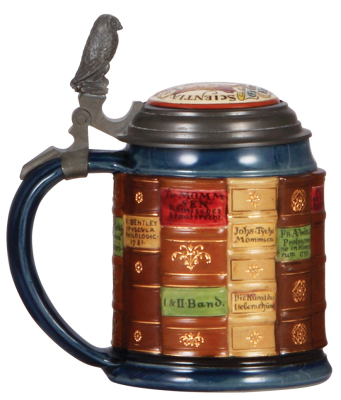 Mettlach stein, .5L, 2001C, decorated relief, Scholars Book Stein, inlaid lid, mint.  - 3