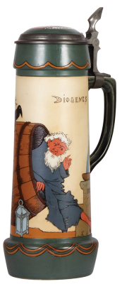 Mettlach stein, 3.0L, 16.7'' ht., 3099, etched, by H. Schlitt, inlaid lid, mint.