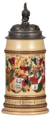 Mettlach stein, .5L, 280G, hand-painted, double student association, Teutonia & Franconia sei's Panier!, Giessen 1889, rare, pewter lid has tear, otherwise mint. 